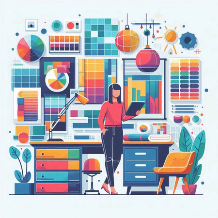 Woman working in home office. Office interior with furniture and furniture. Vector illustrationのイラスト素材