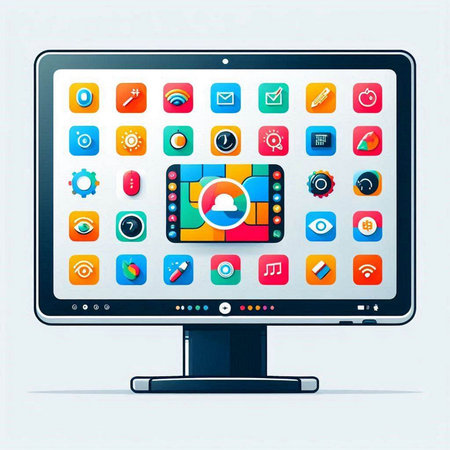 Computer display with colorful application icons isolated on white background. Vector illustration.のイラスト素材