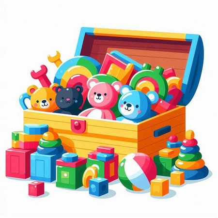 Wooden box full of toys. Vector illustration in cartoon style.のイラスト素材