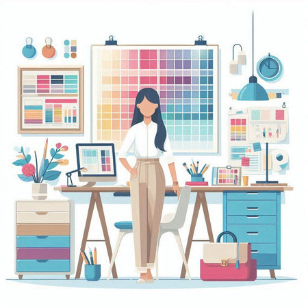Fashion designer woman working in her studio. Vector illustration in flat styleのイラスト素材