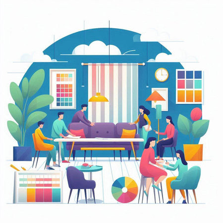 Interior of office with furniture and people. Flat vector illustration.のイラスト素材