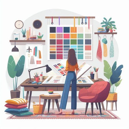 Young woman working at home. Vector illustration in a flat style.のイラスト素材