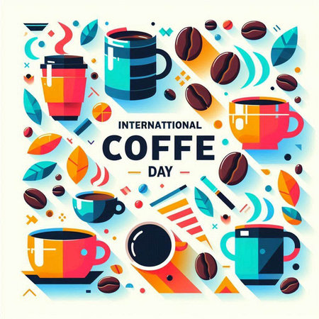International Coffee Day banner with coffee beans and cups. Vector illustration.のイラスト素材