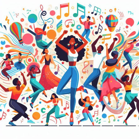 Happy young people dancing and having fun. Flat vector illustration. Music festival concept.のイラスト素材