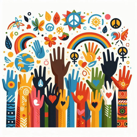 Hands of different ethnicities and religions. Colorful flat design vector illustration.のイラスト素材