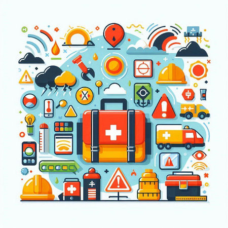 Vector illustration in flat style with icons of emergency, ambulance, fire extinguisher, first aid kit.のイラスト素材