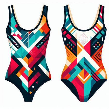Set of swimsuits with abstract geometric shapes isolated on white background. Swimwear pattern. Vector illustration.のイラスト素材