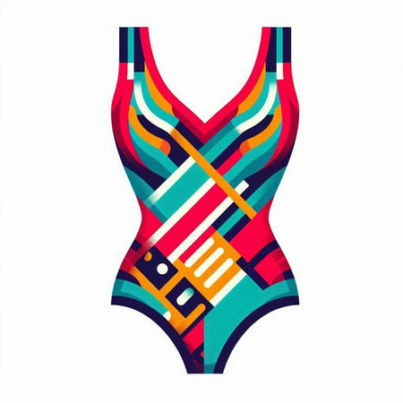 Women's swimsuit with colorful stripes on white background. Vector illustration.のイラスト素材