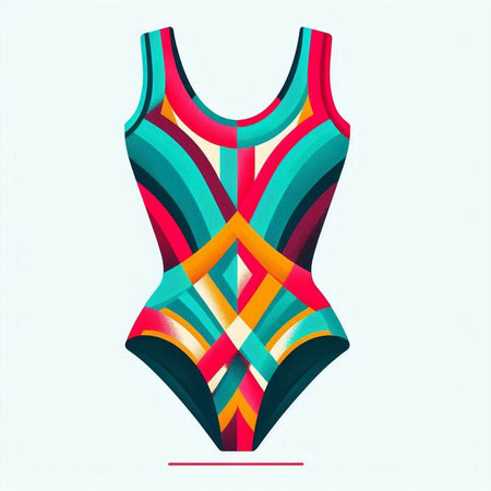 Women's swimsuit with colorful geometric pattern on white background. Vector illustration.のイラスト素材