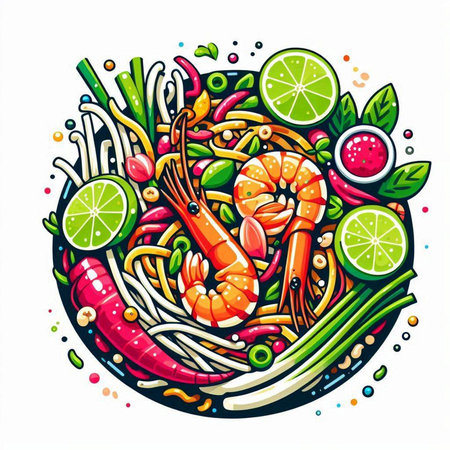 Noodles hand drawn vector illustration. Noodles with shrimps, lime and vegetables.のイラスト素材