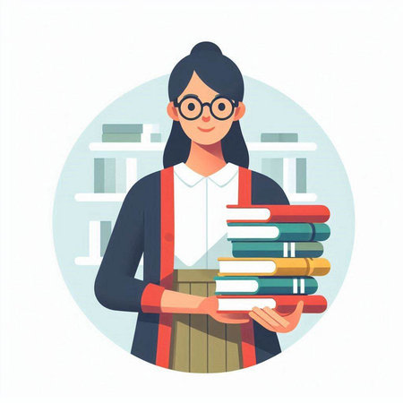 Young woman holding a stack of books. Vector flat design illustration.のイラスト素材
