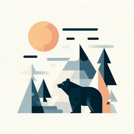 Polar bear with mountains and sun. Vector illustration in retro style.のイラスト素材