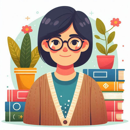 Young woman with glasses and books. Vector illustration in cartoon style.のイラスト素材