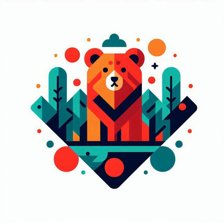 Abstract bear in the forest. Colorful vector illustration in flat style.のイラスト素材