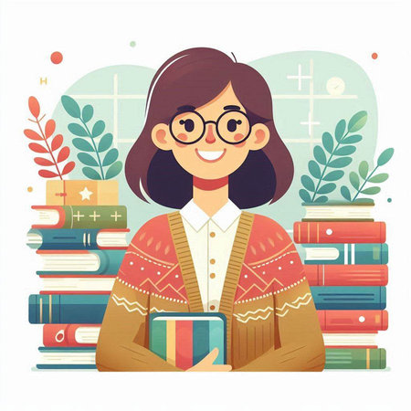 Vector illustration of a girl in glasses holding a book in her hands.のイラスト素材