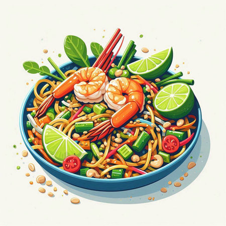 Noodles with shrimps and vegetables in bowl. Vector illustration.のイラスト素材