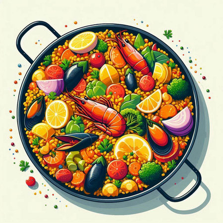 Seafood paella in the pan. Colorful vector illustration.のイラスト素材