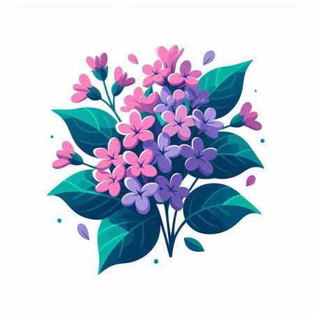 Bunch of lilac flowers with green leaves. Vector illustration.のイラスト素材