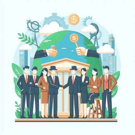 Vector illustration of business people in front of the bank. Flat design style.のイラスト素材