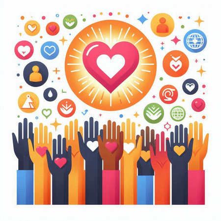 Hands of diverse people with heart and social media icons. Vector illustration.のイラスト素材