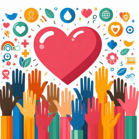 Colorful hands with heart shape and social media icons on white backgroundのイラスト素材