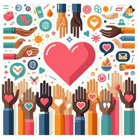 Vector illustration of hands and heart in flat style. Charity and donation concept.のイラスト素材