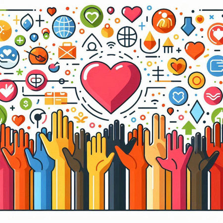 Colorful hands with heart shape and social media icons on white backgroundのイラスト素材