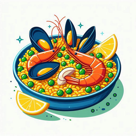 Illustration of a bowl of paella with seafood and lemon.のイラスト素材