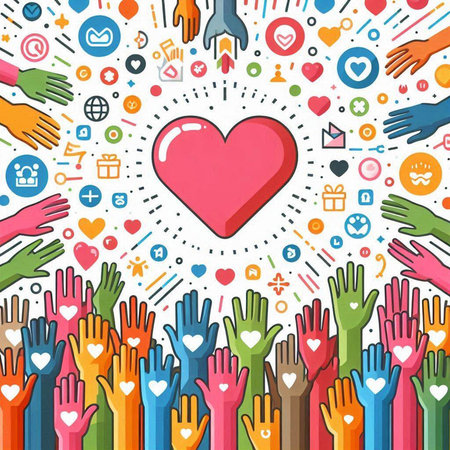 Colorful hands with heart and social media icons. Vector illustration.のイラスト素材