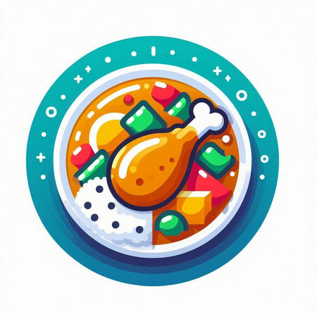 Thai food vector illustration. Fried chicken with rice and vegetables in plate.のイラスト素材