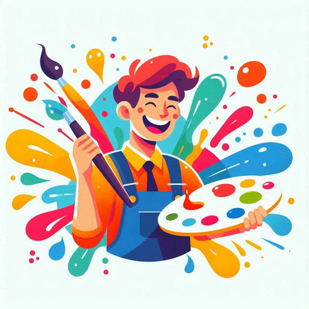 Cartoon illustration of painter holding paintbrush and palette with colorful splashesのイラスト素材