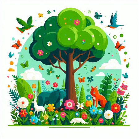 Cute cartoon nature landscape with trees, flowers and animals. Vector illustration.のイラスト素材