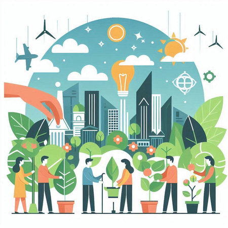 Vector illustration of people planting trees in the city. Gardening concept.のイラスト素材