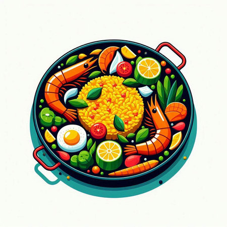 Seafood soup in a frying pan. Colorful vector illustration.のイラスト素材