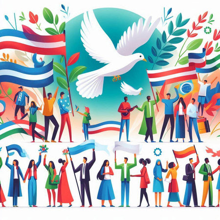 Vector illustration of crowd of people with flags and white dove in the backgroundのイラスト素材