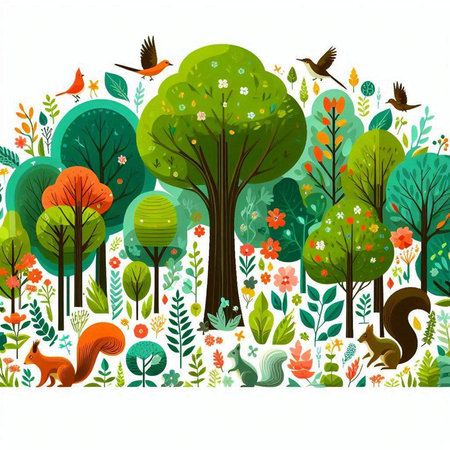 Vector illustration of a forest with squirrels, birds, flowers and butterfliesのイラスト素材