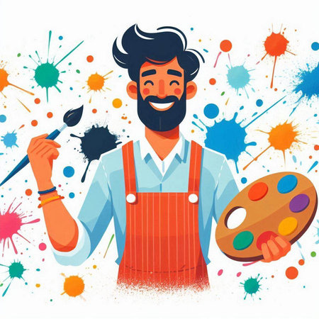 Artist in apron with palette and brush. Vector illustration in flat styleのイラスト素材