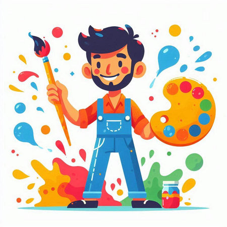 Artist with paint brush and palette. Vector illustration in flat cartoon styleのイラスト素材