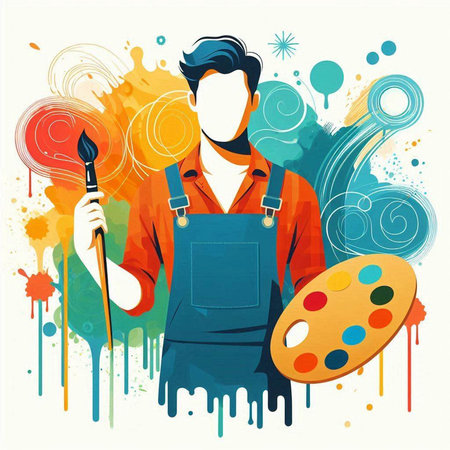 Vector illustration of a painter with palette and brush on abstract background.のイラスト素材