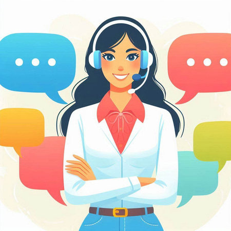 Call center woman with headset and colorful speech bubbles. Vector illustration.のイラスト素材