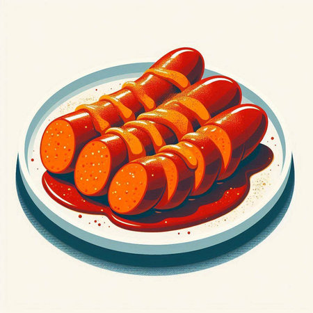 Sausages on a plate with ketchup. Vector illustration.のイラスト素材