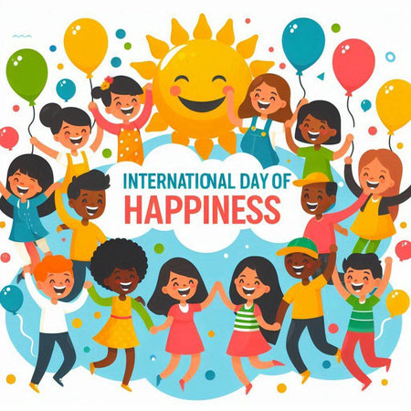 International Day of Happiness Vector Illustration. Happy Smiling Kids Holding Balloons and Smiling.のイラスト素材