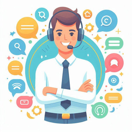 Vector illustration of a customer service agent in headset with speech bubbles and iconsのイラスト素材