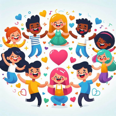 Vector illustration of happy group of kids in a circle with hearts around them.のイラスト素材