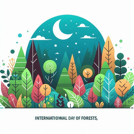 Vector illustration of forest landscape in flat style with moon and trees.のイラスト素材