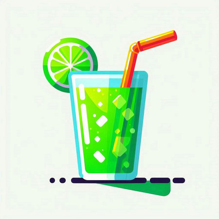 Cocktail with lime and straw. Vector illustration in flat styleのイラスト素材