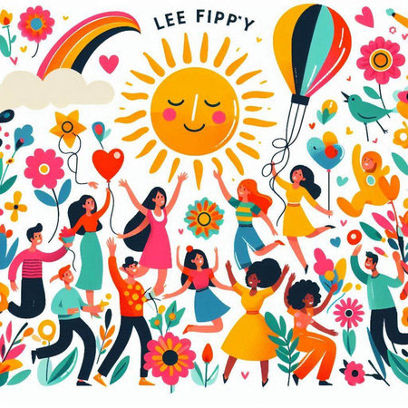 Happy childrens day vector illustration. Cute cartoon characters with sun, flowers, rainbow, birds and clouds.のイラスト素材