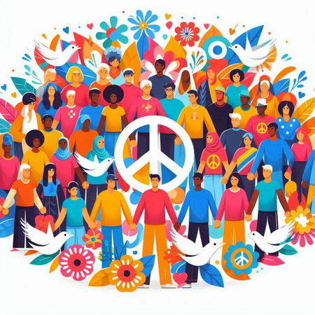 Group of people with peace symbol. Flat vector illustration. International day of peace concept.のイラスト素材