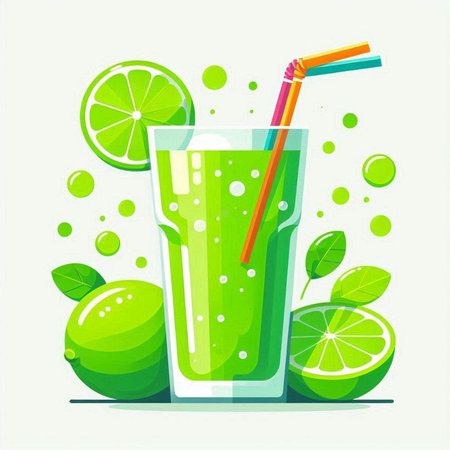 Vector illustration of fresh lime juice in glass with straws and straws.のイラスト素材