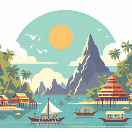 Tropical landscape with palm trees, boats and mountains. Vector illustration.のイラスト素材
